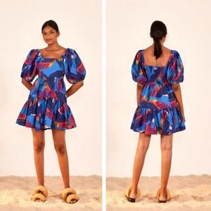 Farm Rio Rainbow Macaws Mini Dress with Puff Sleeves